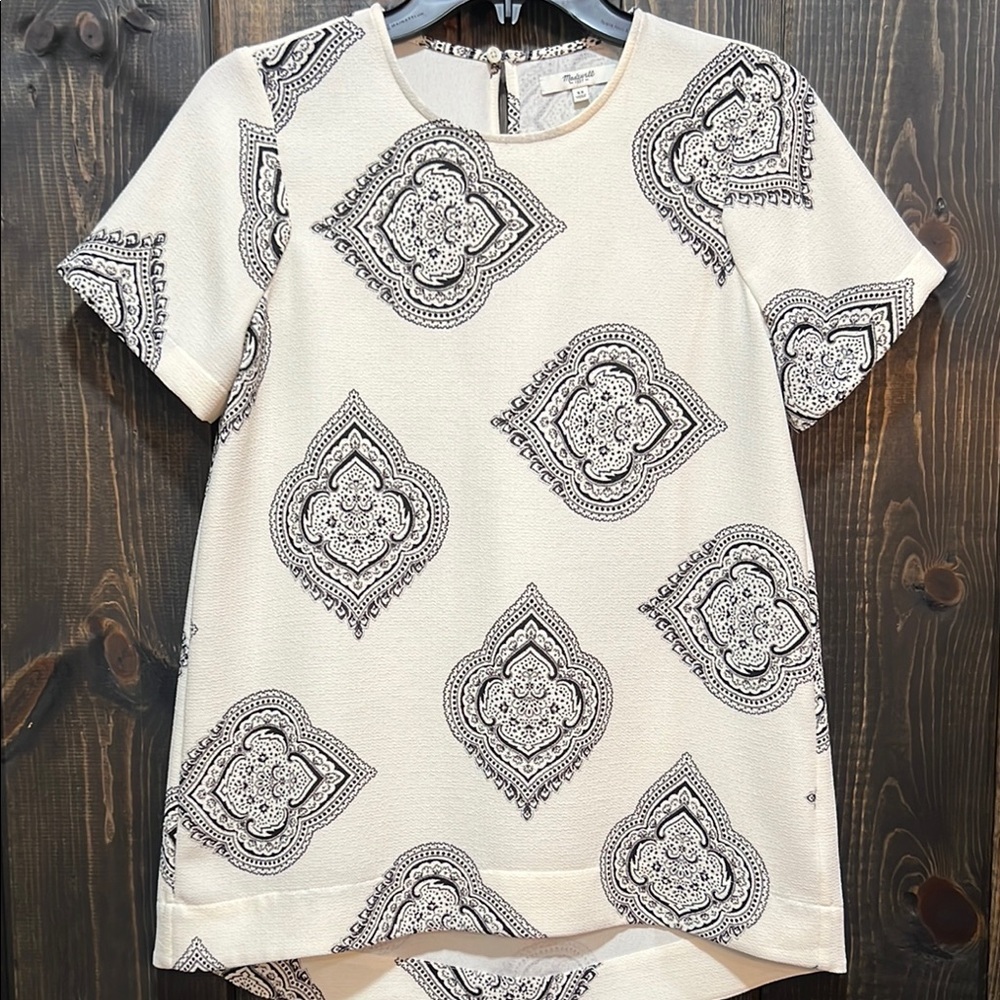 Madewell Cream Black Tailored Tee Blouse XS Estate Paisley Textured Preppy Chic